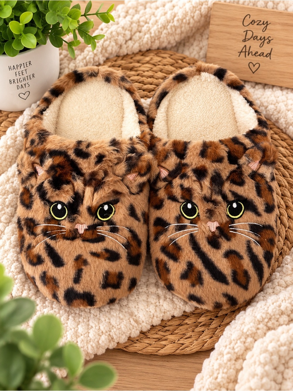 Cozy Plush Leopard Print Cat Slippers • Size 9.5-10.5